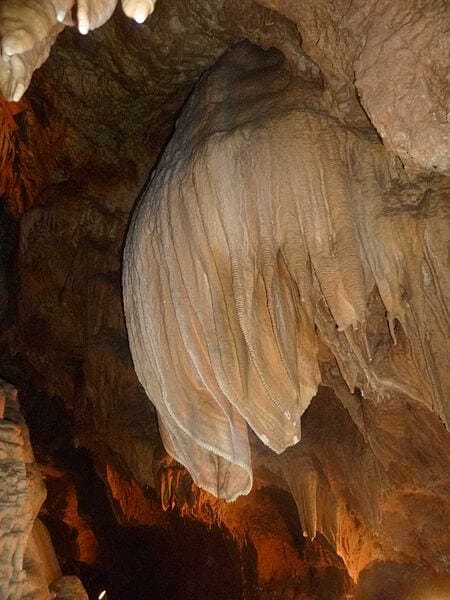 Krasový útvar s názvom slonie uši v jaskyni Driny - na záclonkách zúbkové, pílkové zakončenie