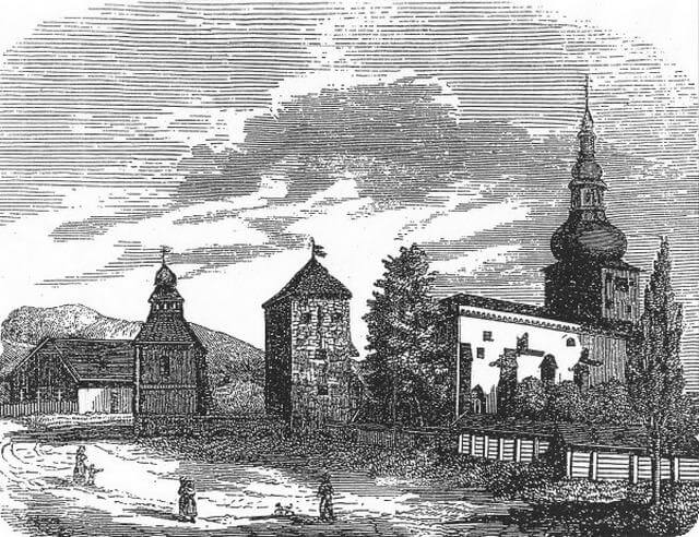 Pukanec – mestský hrad na dobovej kresbe z roku 1857