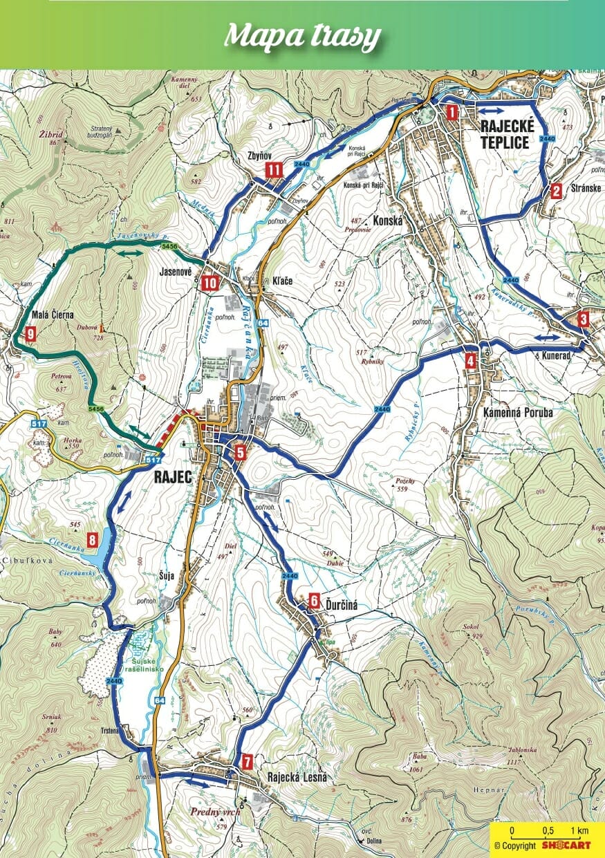 Mapa trasy Rajeckou dolinou na dvoch kolesách