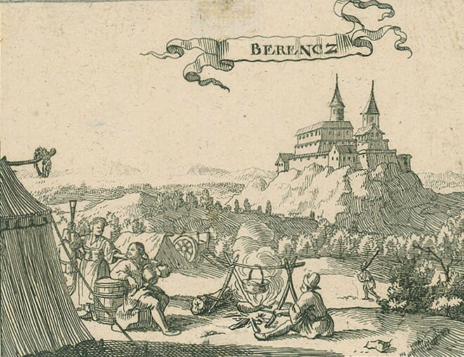 Hrad Branč na historickej rytine z roku 1686, Justus van den Nypoort, OGD