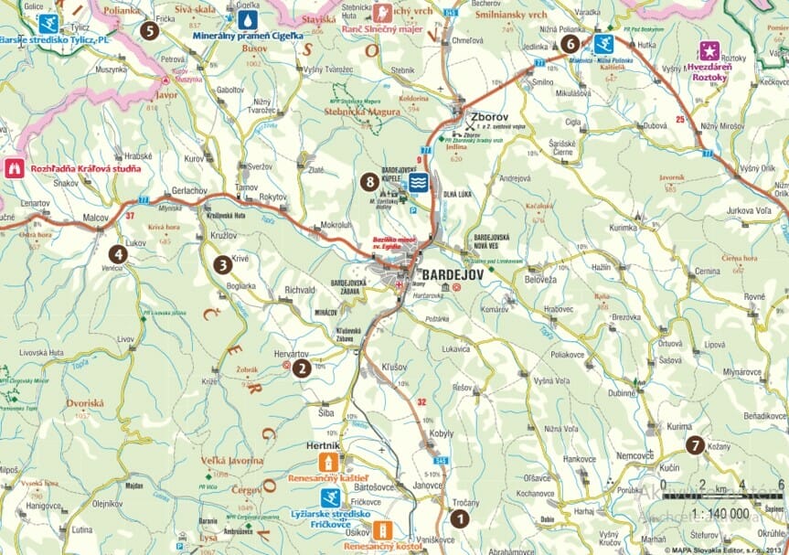 Mapa drevených kostolov v okolí Bardejova