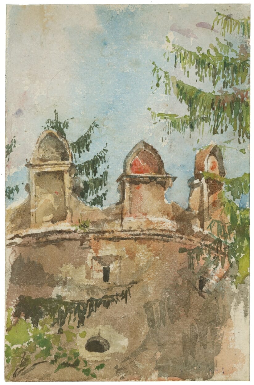 Akvarel/ceruzka: Veža kaštieľa v Strážkach, Ladislav Mednyánszky, 1880–1890, SNG